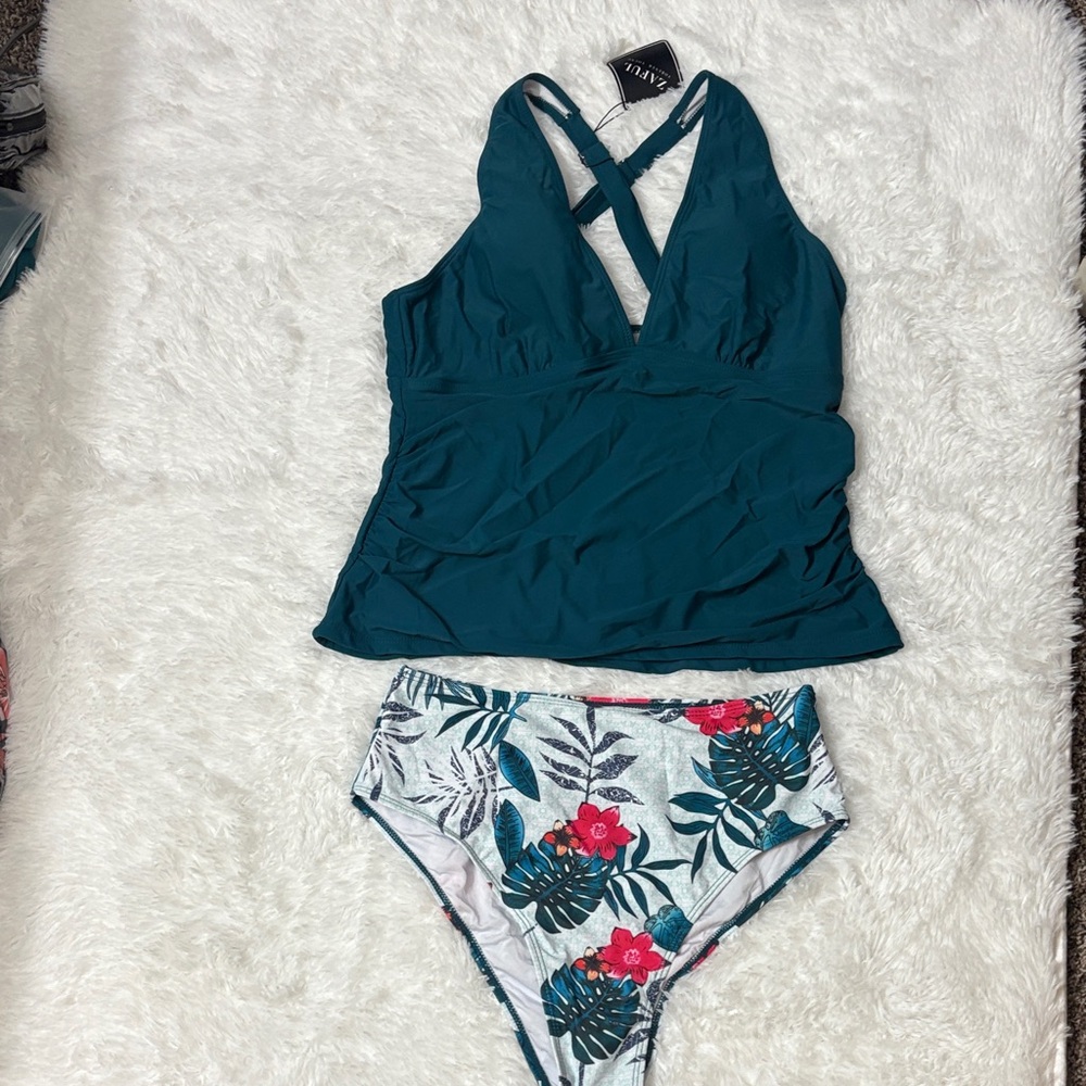 NWT Zaful Blue Tankini Swim Set Tropical Print Bottoms Size L 8-10